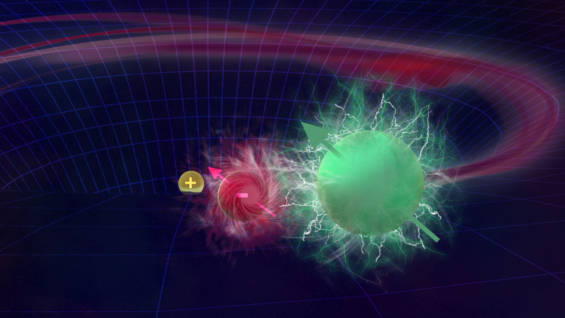 An artist view on the atomic-scale particle collider. A Rydberg electron (red) bound in the Coulomb potential of its core ion (yellow) frequently scatters with a ground-state Rubidium atom (green) at meV energies. During the scattering process a quasi-bound negative ion forms, whose spin-dependent energy levels are obtained in this work via precise Rydberg spectroscopy. 